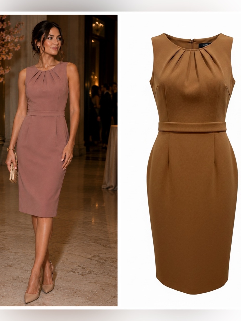 Safiyaa Pink Sheath Midi Dress Mauve Crepe Pleated Neck Belted NWOT US8 🟠